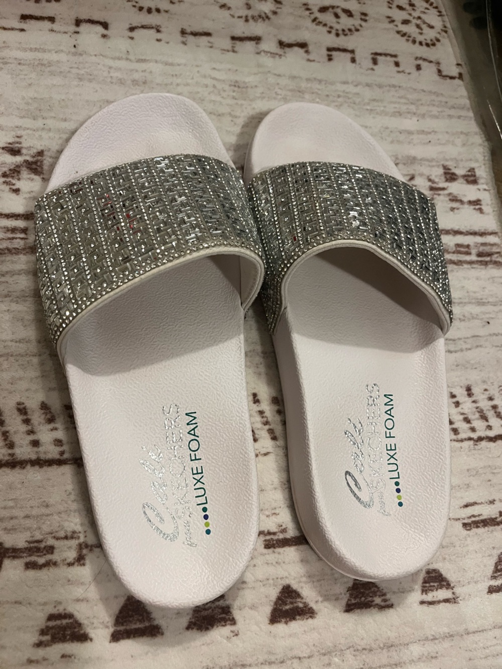 Skechers White Slip-On Sandals with Silver Rhinestone Strap